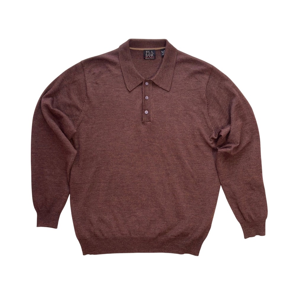 JOS A BANK Knit Polo Mens M Brown Merino Wool Signature Long Sleeve Sweater